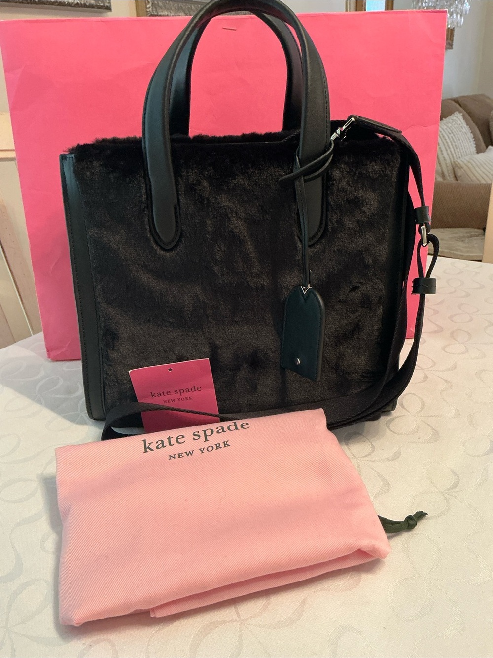 KATE SPADE ♠️ NWT Manhattan  Black Faux-Fur, Handle Satchel, 2 way, Dustbag